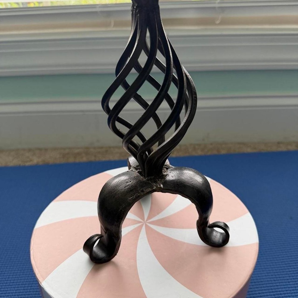 Vintage Wrought Iron Pillar Candle Holder with Cage Stem and Tripod Base